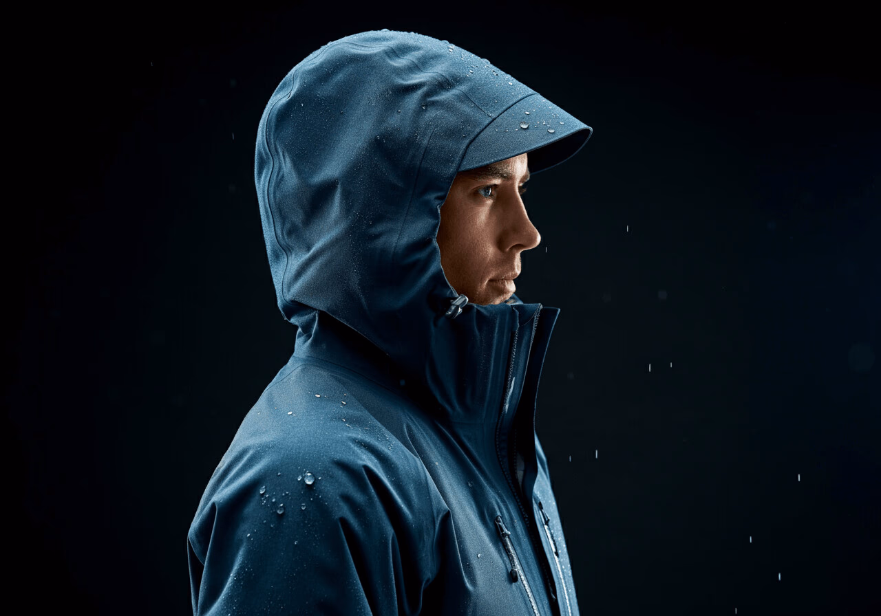 Model wearing a blue hoodie